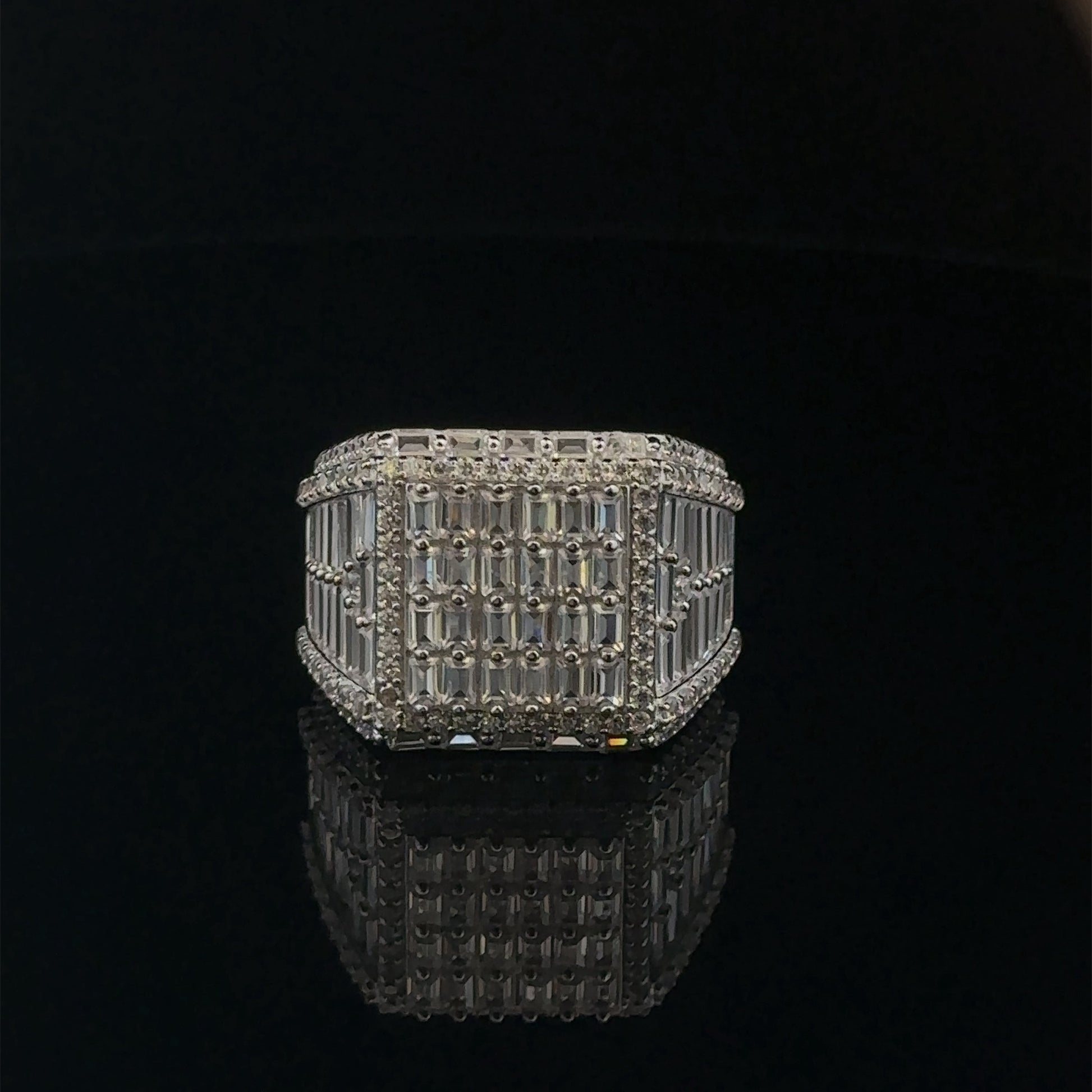 Mens 925 Rhodium Iced Out CZ Ring Baguette Pave Sterling