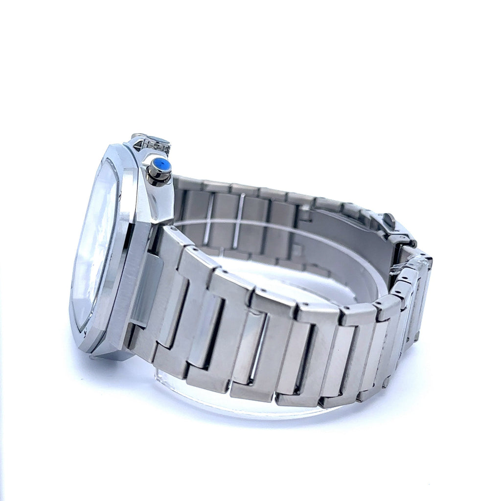 Mens Stainless Steel Blue Dial Iced Out Chronograph