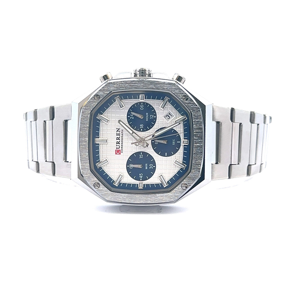 Mens Stainless Steel Blue Dial Iced Out Chronograph