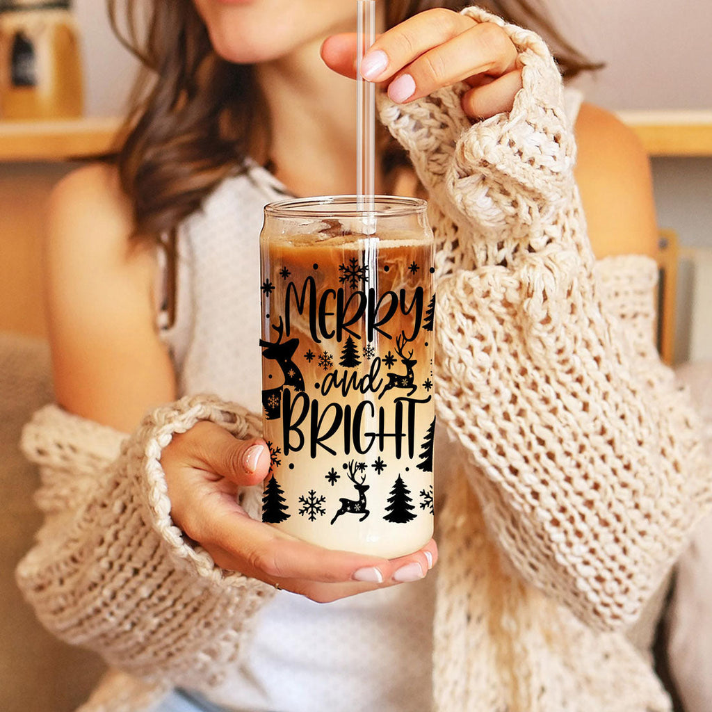 Merry And Bright 17oz Holiday Mug With Reindeer Snowflake Tree Black Lettering