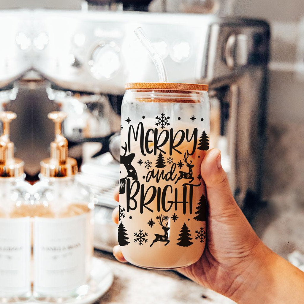Merry And Bright 17oz Holiday Mug With Reindeer Snowflake Tree Black Lettering