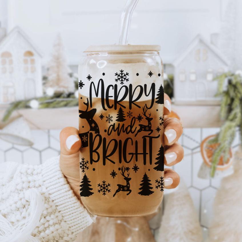 Merry And Bright 17oz Holiday Mug With Reindeer Snowflake Tree Black Lettering