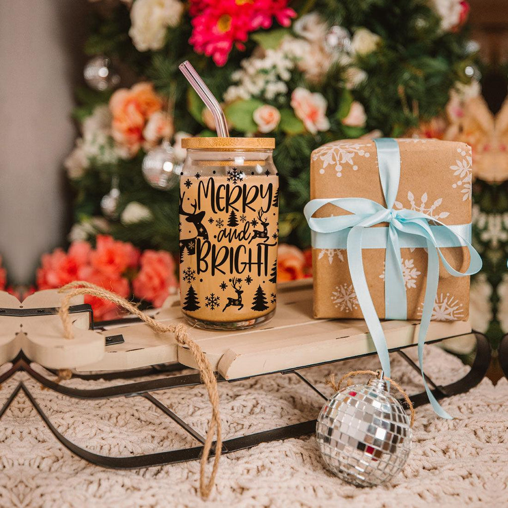 Merry And Bright 17oz Holiday Mug With Reindeer Snowflake Tree Black Lettering