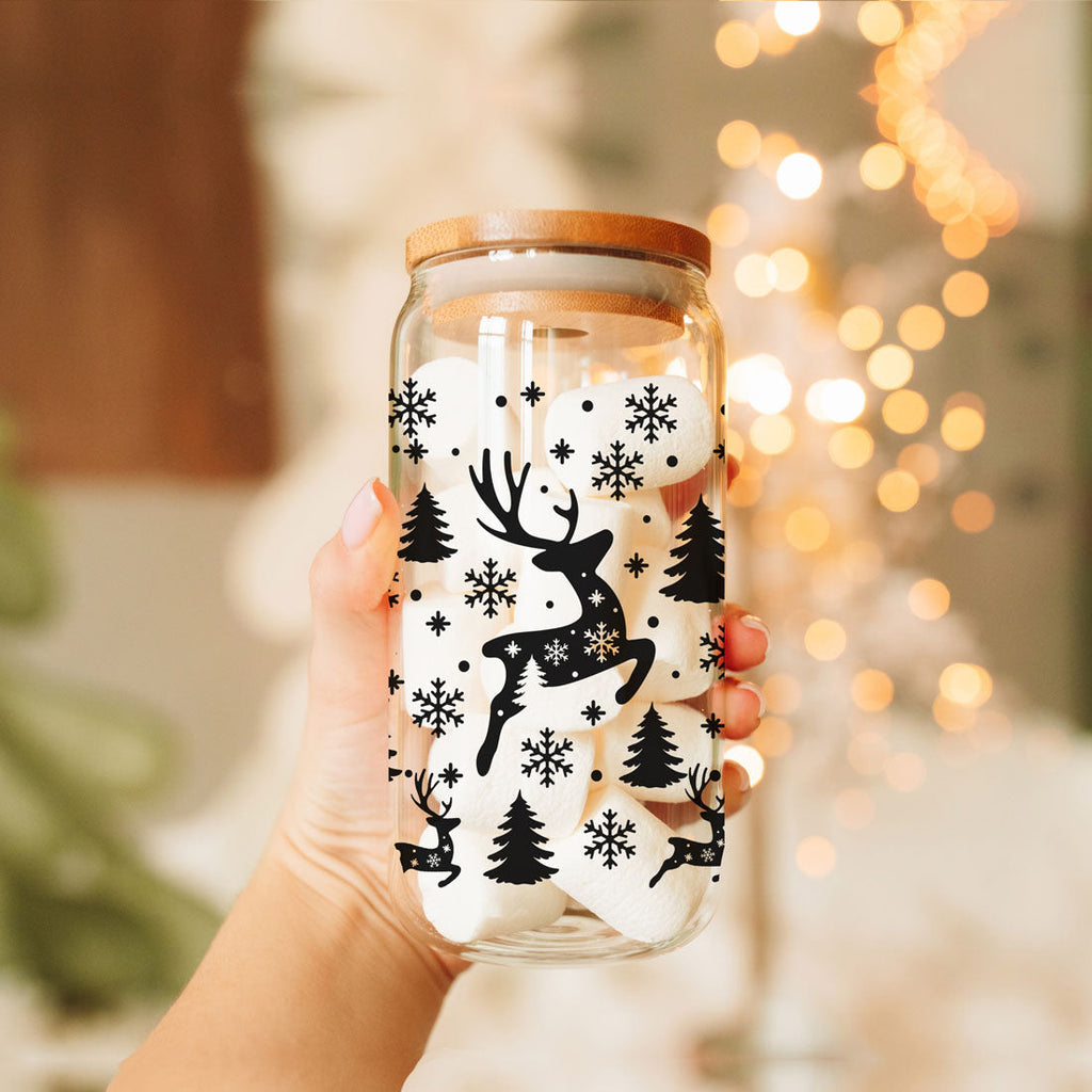 Merry And Bright 17oz Holiday Mug With Reindeer Snowflake Tree Black Lettering