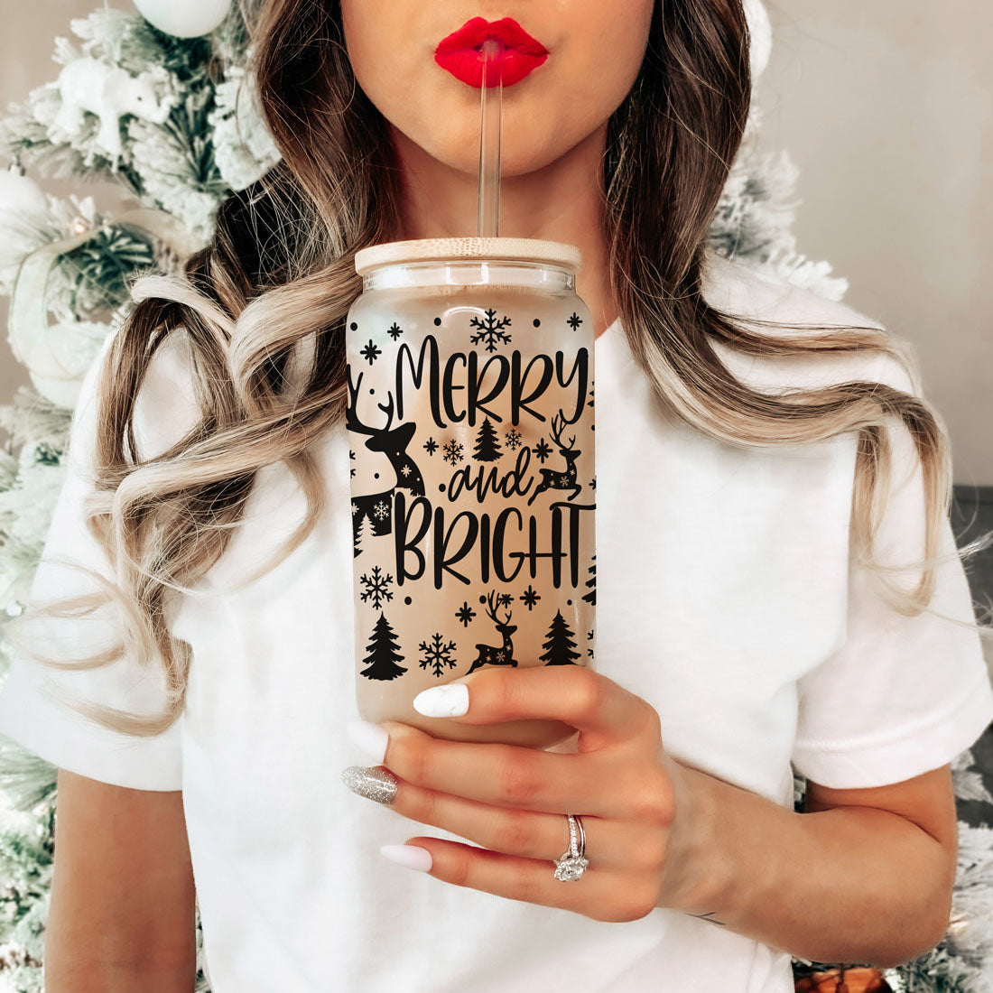 Merry And Bright 17oz Holiday Mug With Reindeer Snowflake Tree Black Lettering