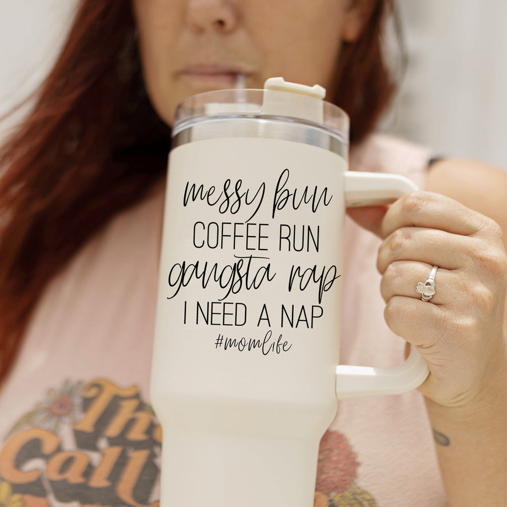 Messy Bun Mom 40oz Insulated Travel Tumbler With Handle Lid Straw - Mom Life