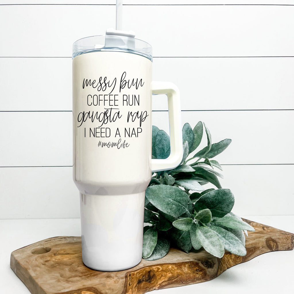 Messy Bun Mom 40oz Insulated Travel Tumbler With Handle Lid Straw - Mom Life