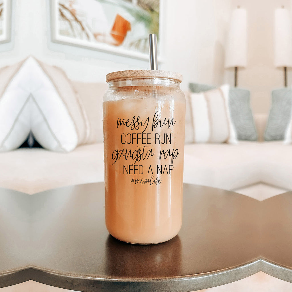 Messy Bun 17oz Glass Tumbler With Bamboo Lid Stainless Straws Mom Life Coffee Run Gift