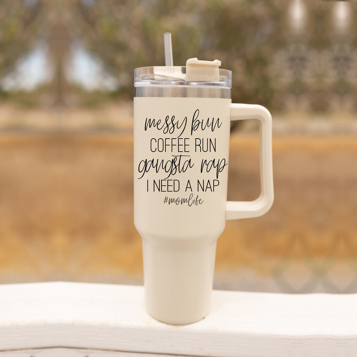 Messy Bun Mom 40oz Insulated Travel Tumbler With Handle Lid Straw - Mom Life