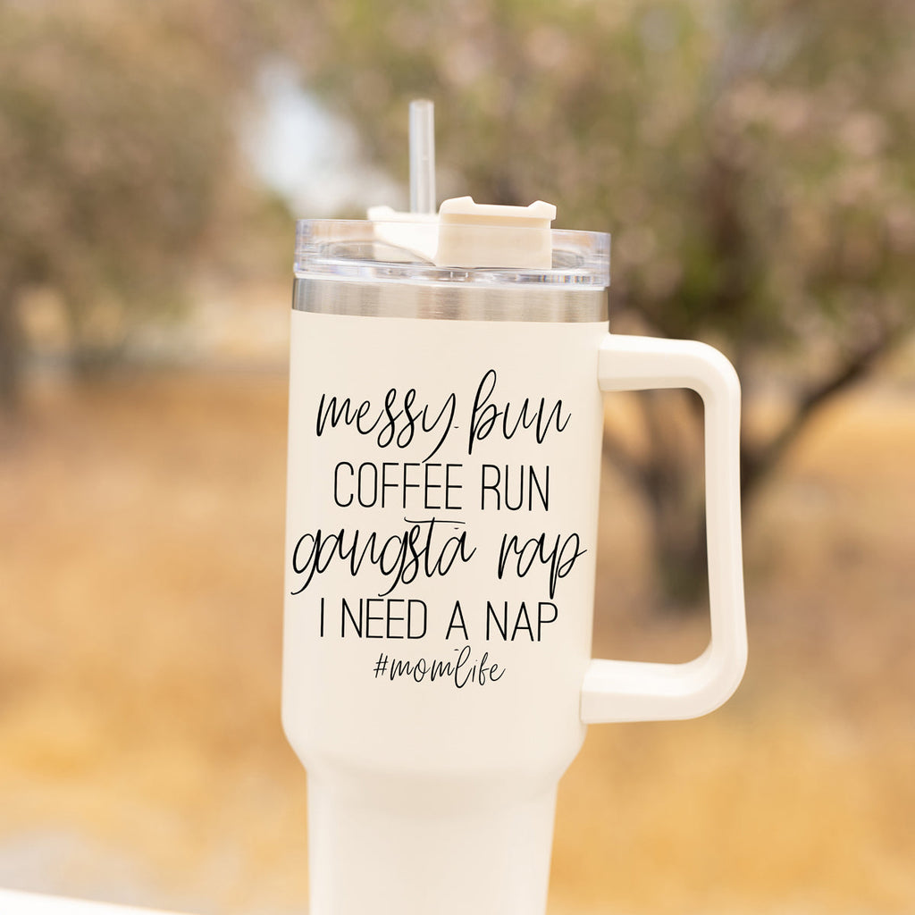 Messy Bun Mom 40oz Insulated Travel Tumbler With Handle Lid Straw - Mom Life