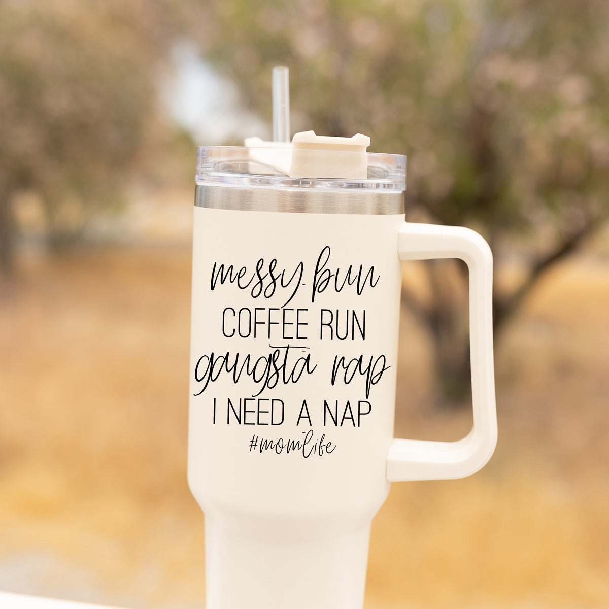 Messy Bun Mom 40oz Insulated Travel Tumbler With Handle Lid Straw - Mom Life