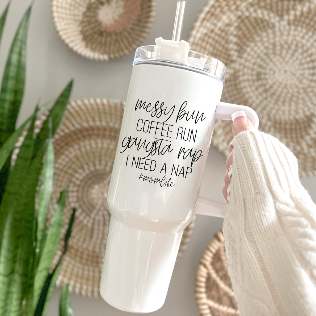 Messy Bun Mom 40oz Insulated Travel Tumbler With Handle Lid Straw - Mom Life