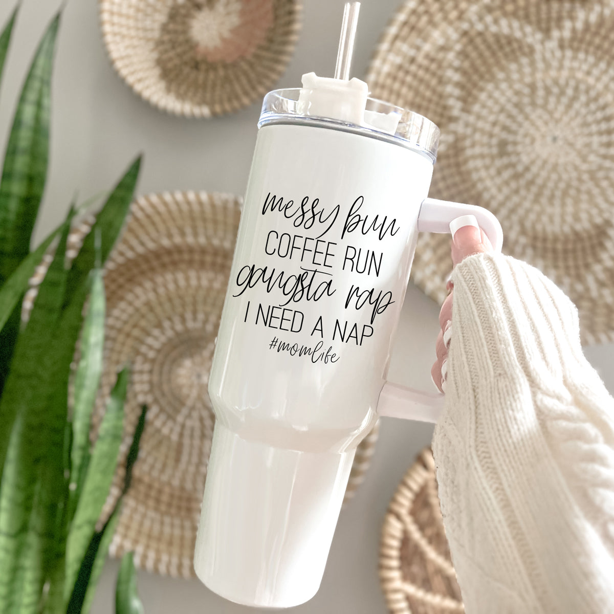 Messy Bun Mom 40oz Insulated Travel Tumbler With Handle Lid Straw - Mom Life