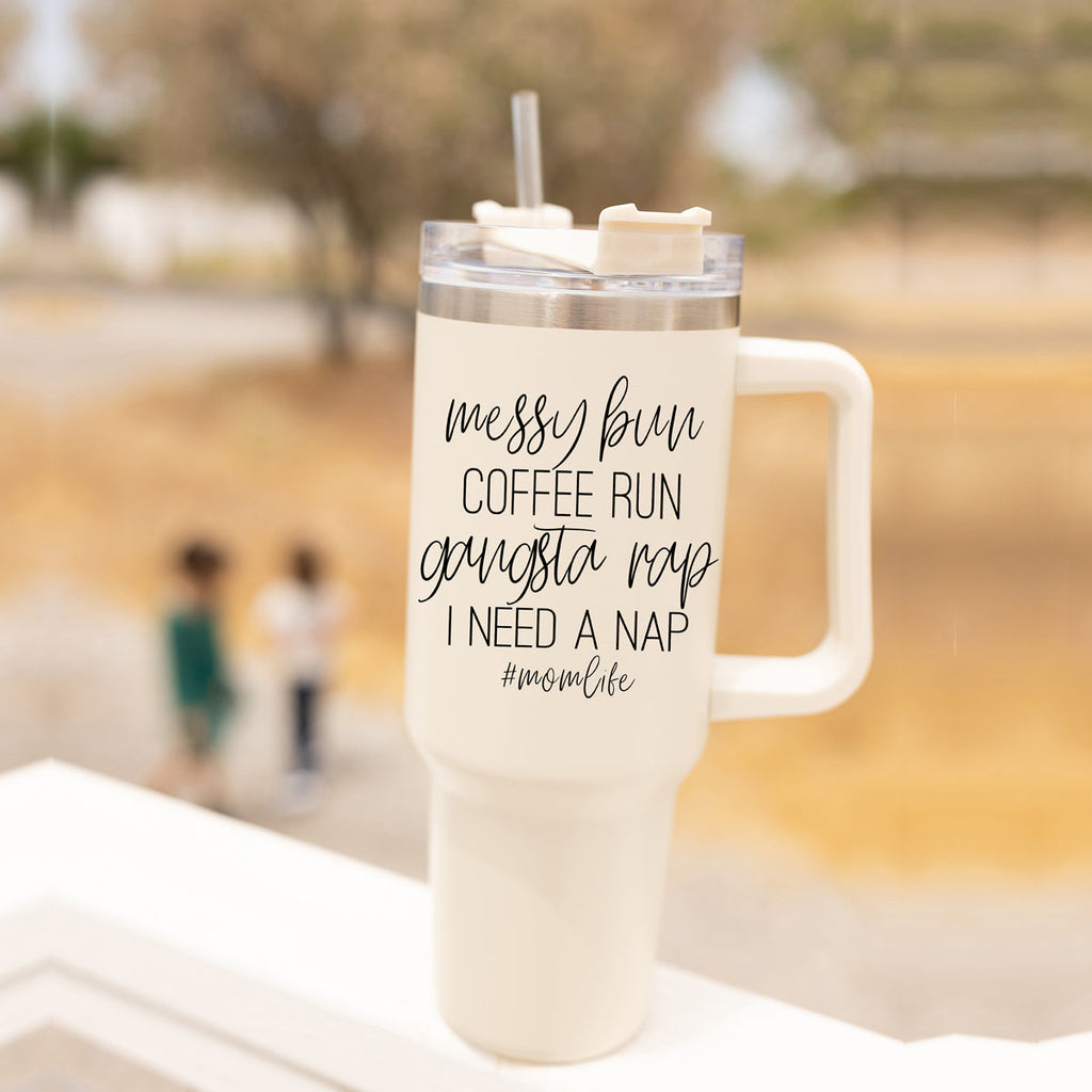 Messy Bun Mom 40oz Insulated Travel Tumbler With Handle Lid Straw - Mom Life