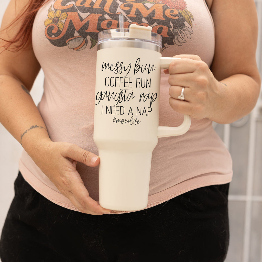 Messy Bun Mom 40oz Insulated Travel Tumbler With Handle Lid Straw - Mom Life