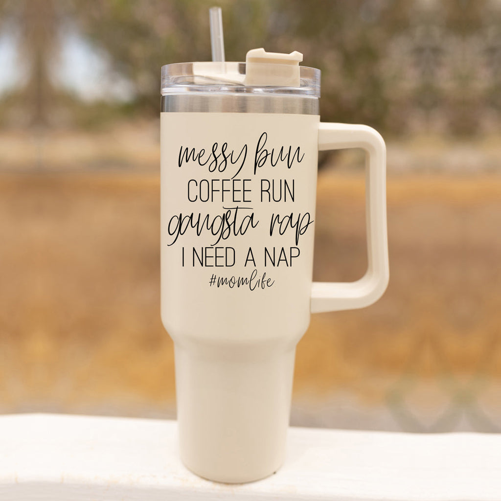 Messy Bun Mom 40oz Insulated Travel Tumbler With Handle Lid Straw - Mom Life