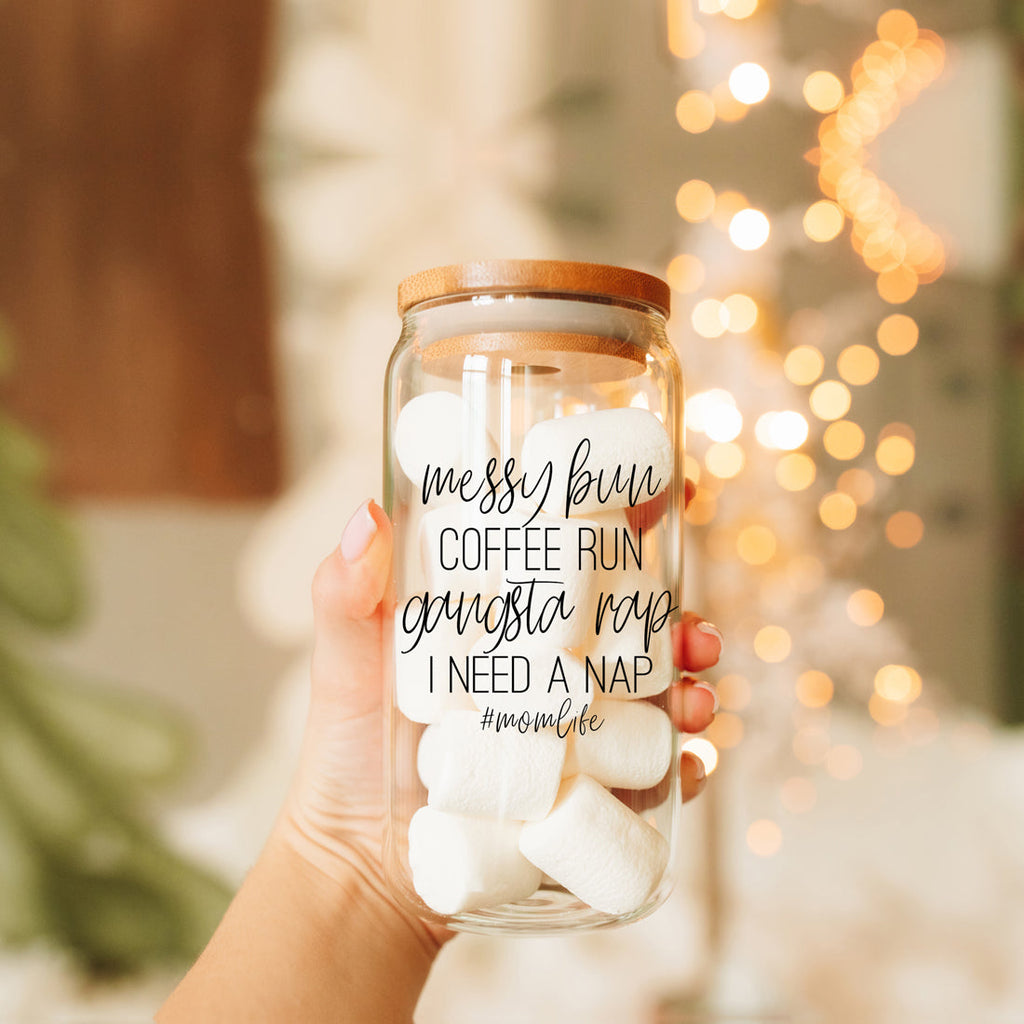 Messy Bun 17oz Glass Tumbler With Bamboo Lid Stainless Straws Mom Life Coffee Run Gift