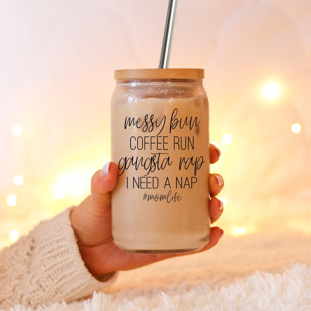 Messy Bun 17oz Glass Tumbler With Bamboo Lid Stainless Straws Mom Life Coffee Run Gift
