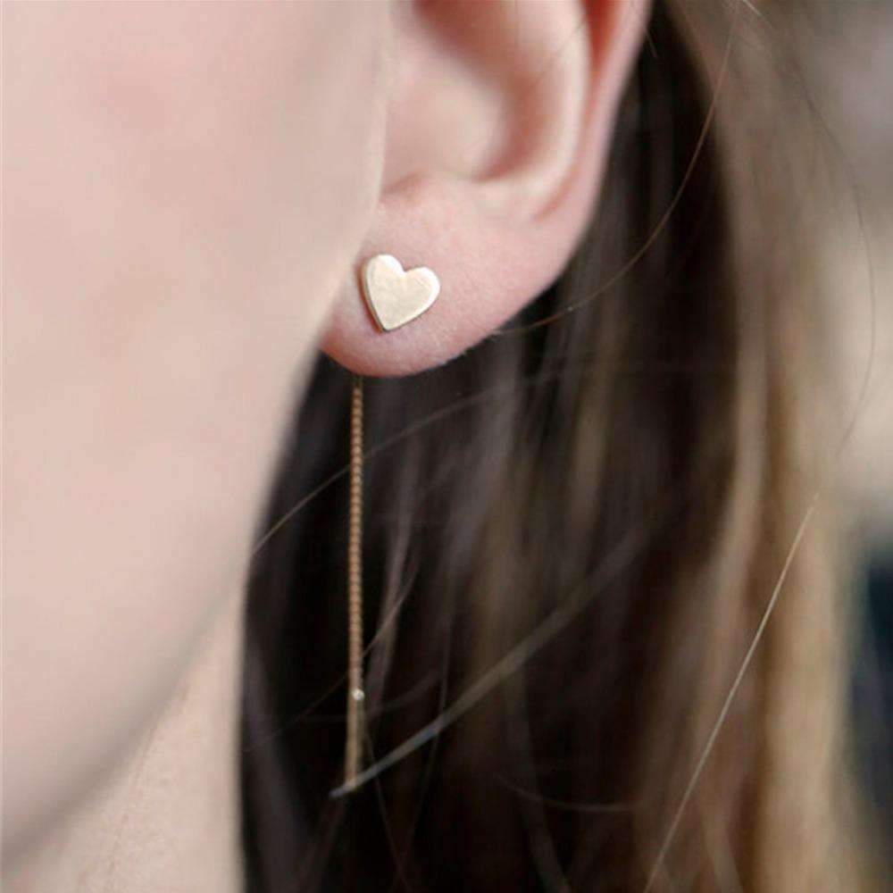 Minimalist Dainty Gold Heart Drop Earrings With Long Chain