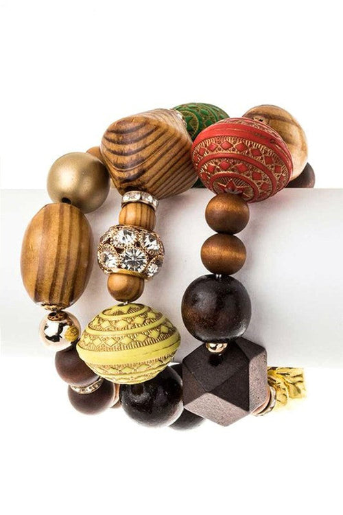 Mixed Wooden Bead Stretch Bracelet Set Boho Stack Style