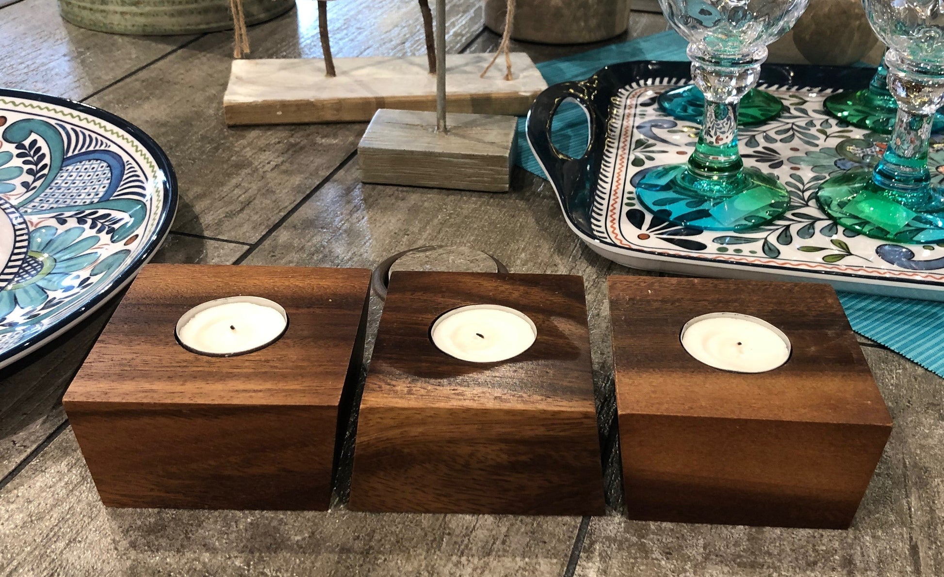 Modern Wooden Tealight Holders Set Of 3 - Organic Candle Centerpiece
