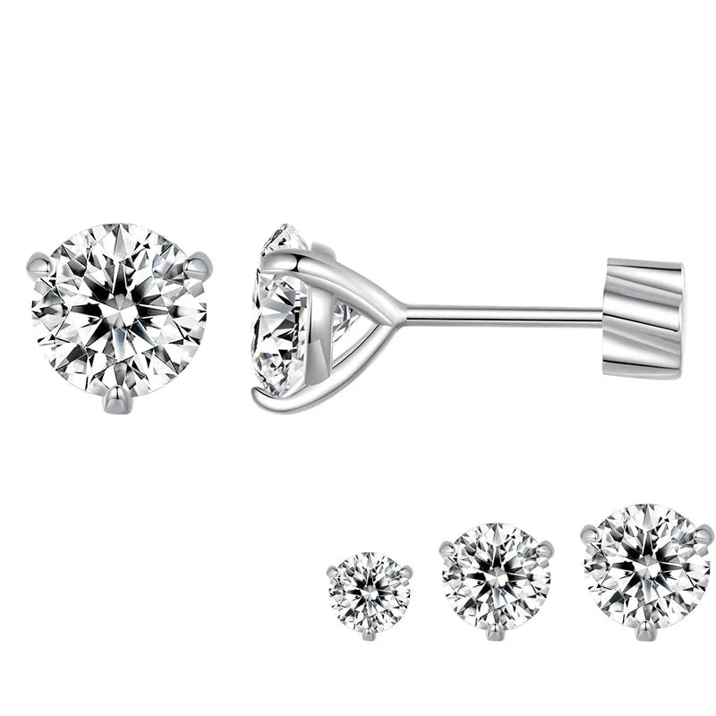 Moissanite 1Ct Round Stud Earrings Screw Back Platinum Plated S925 Minimalist