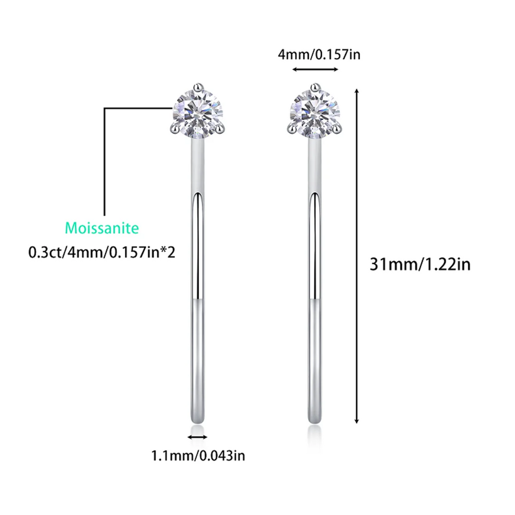 Moissanite 4mm D Color Hoop Earrings 2pc 925 Sterling Silver White Gold