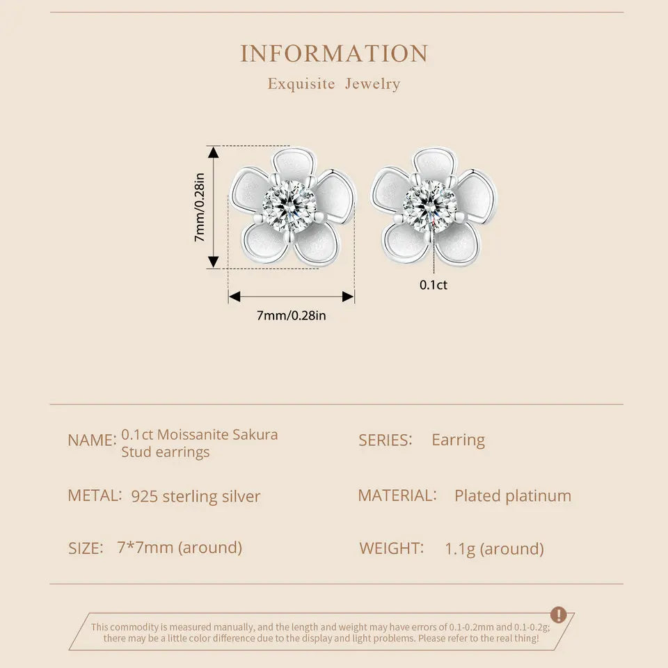 Moissanite 925 Sterling Silver Sakura Stud Earrings VVS1 Screw Back
