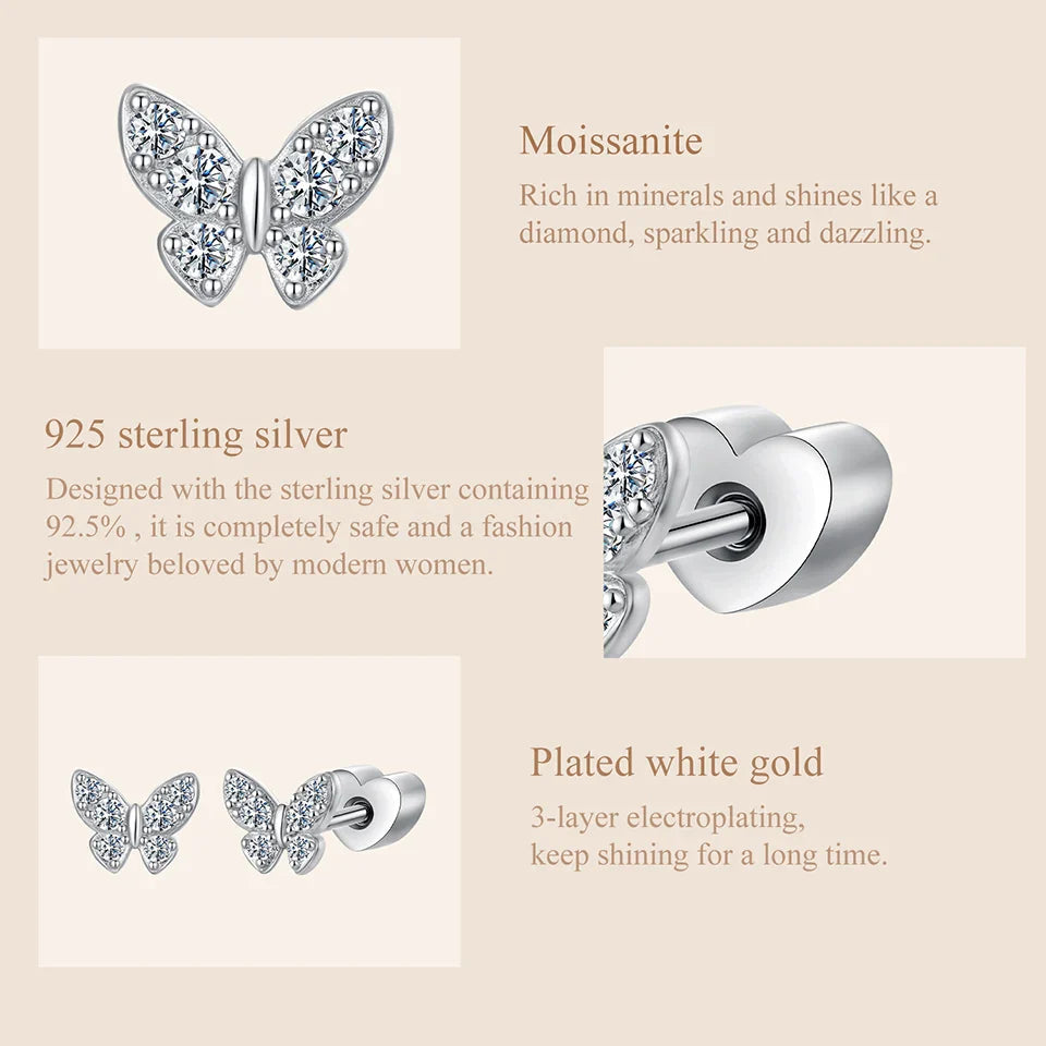 Moissanite Butterfly Clover Stud Earrings 925 Silver Diamond Cut Wedding Gift