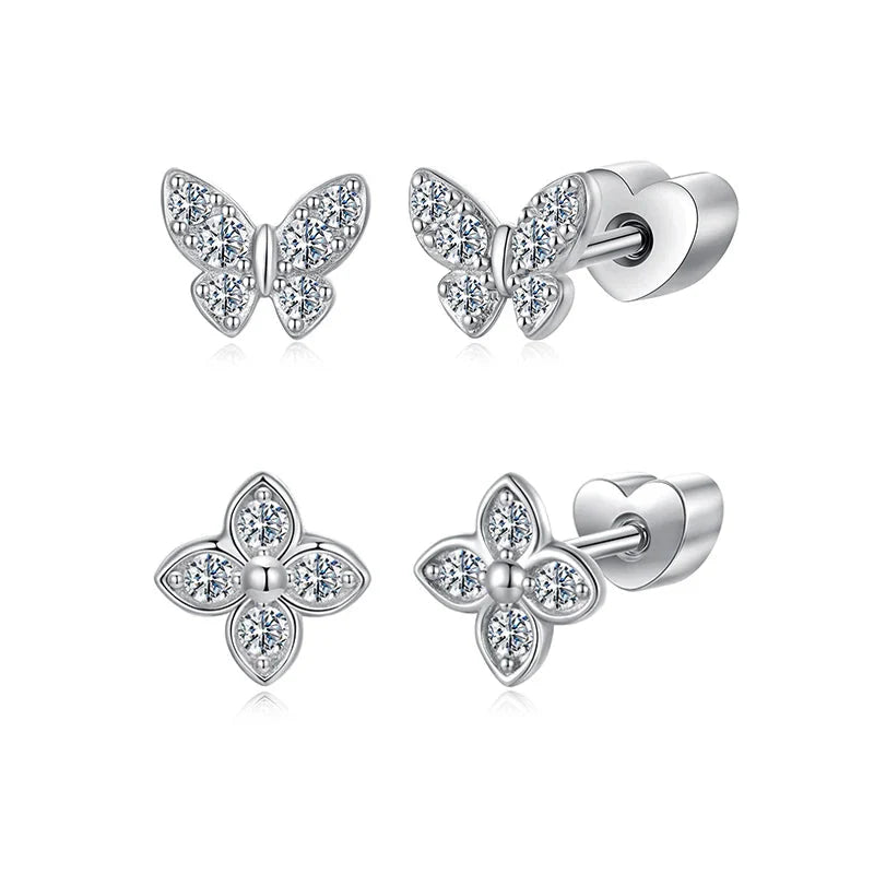 Moissanite Butterfly Clover Stud Earrings 925 Silver Diamond Cut Wedding Gift