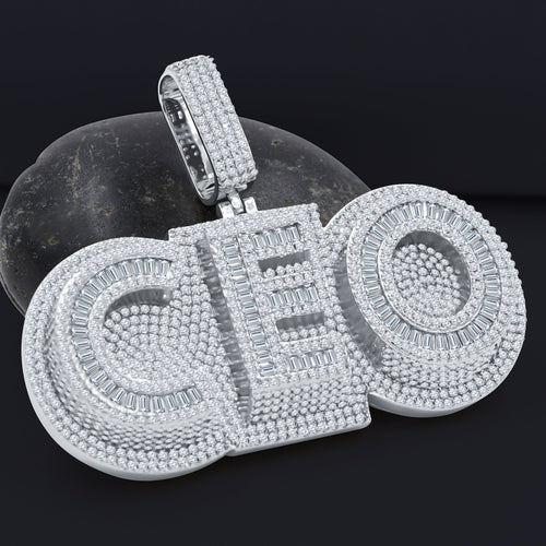 Moissanite CZ CEO Pendant Iced Out Baguette Pave White