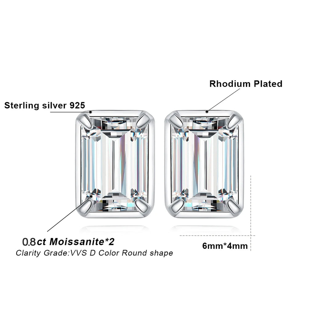 Moissanite D Color 1.6ct Pair Emerald Cut 925 Sterling Silver Stud Earrings