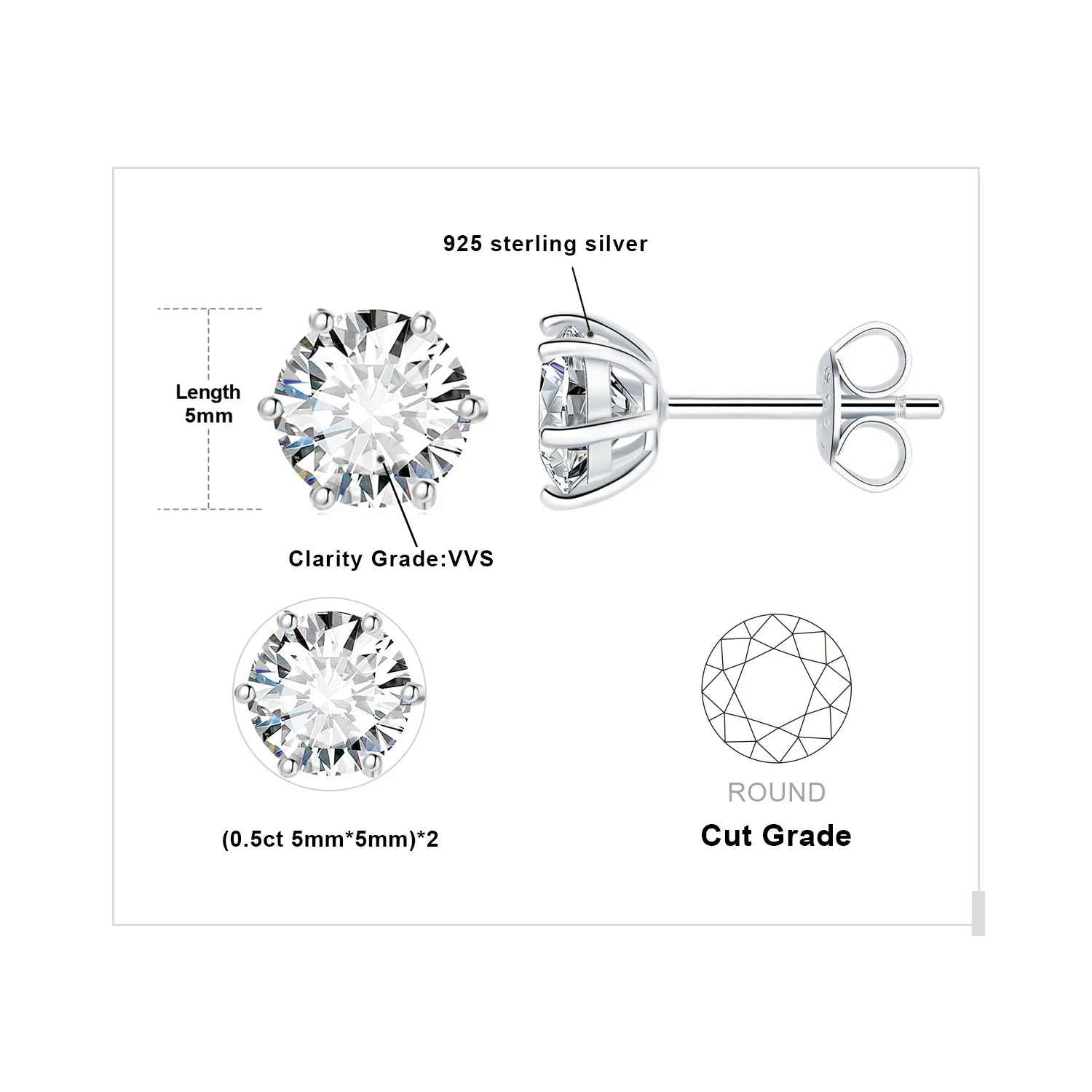 Moissanite D Color Round Solitaire Stud Earrings 0.6-6ct Sterling Silver