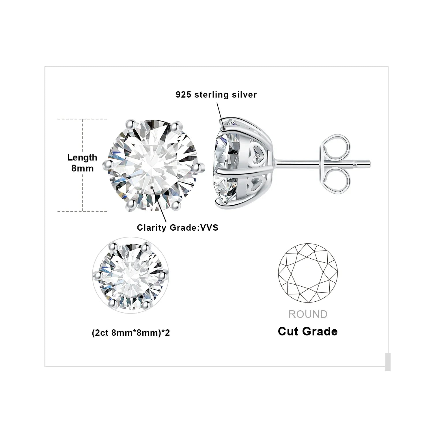 Moissanite D Color Round Solitaire Stud Earrings 0.6-6ct Sterling Silver