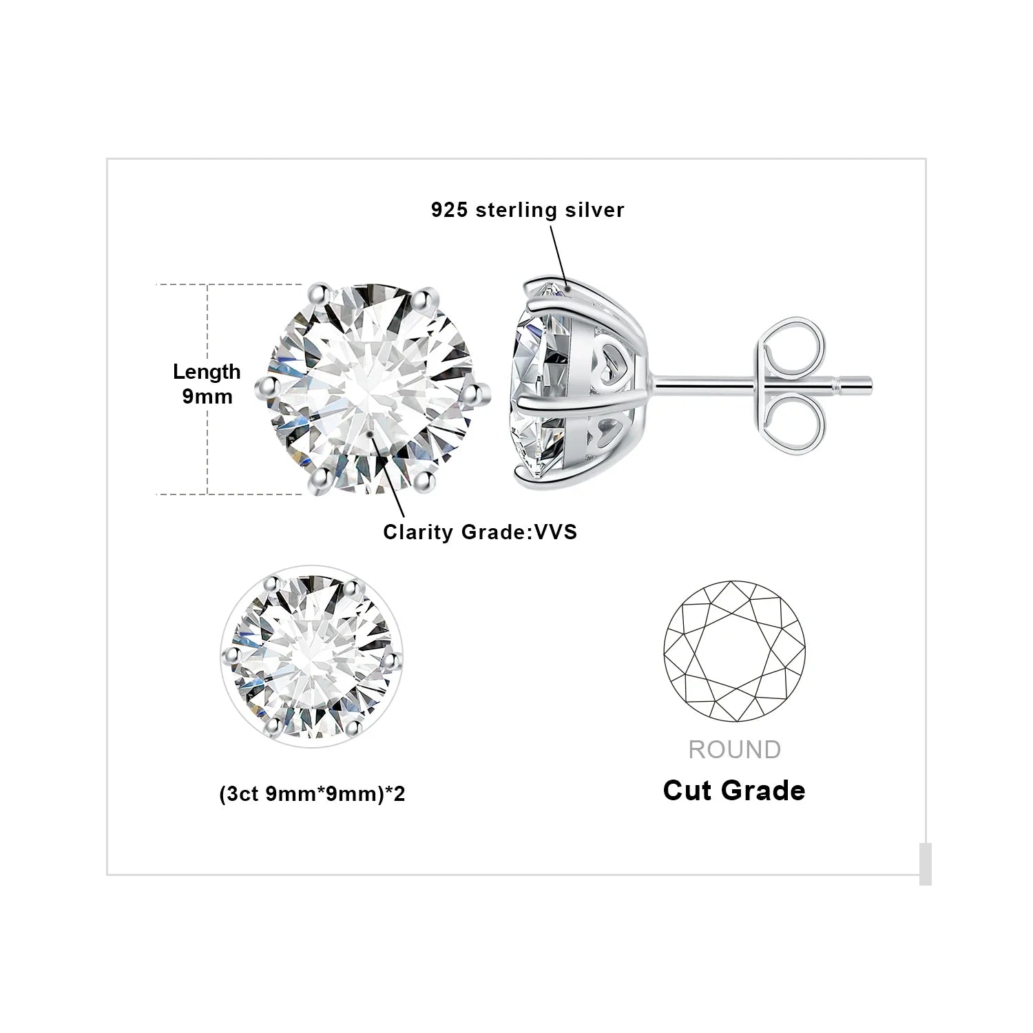 Moissanite D Color Round Solitaire Stud Earrings 0.6-6ct Sterling Silver