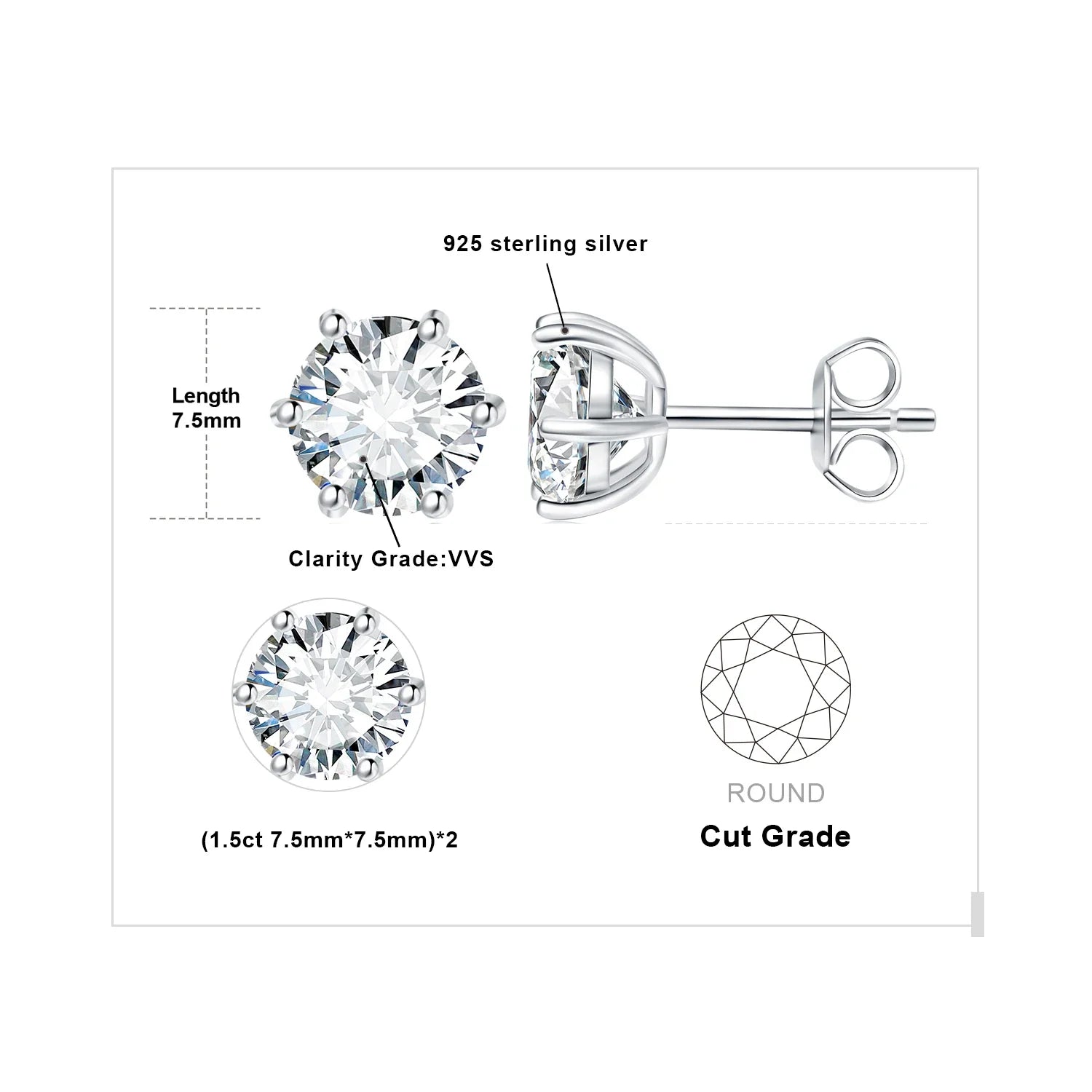 Moissanite D Color Round Solitaire Stud Earrings 0.6-6ct Sterling Silver