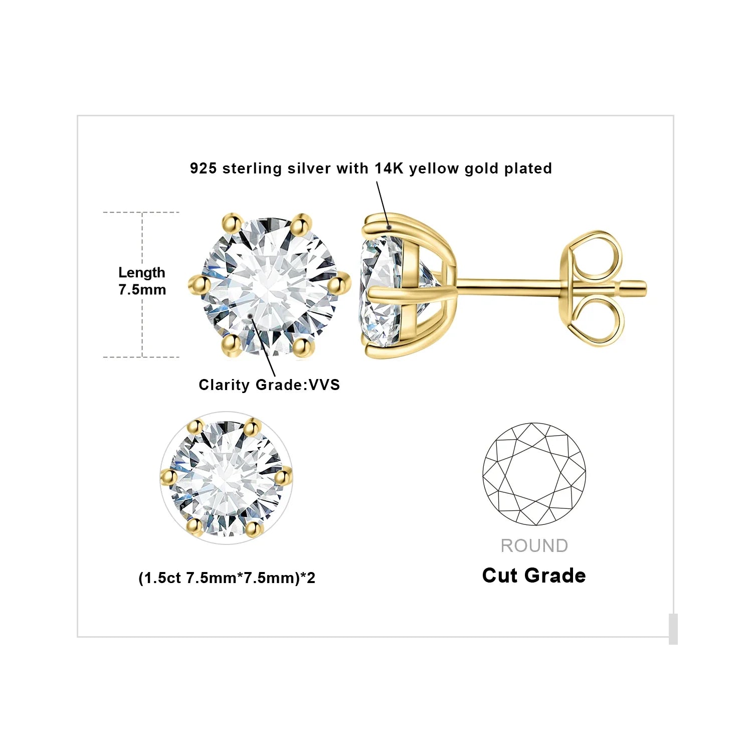 Moissanite D Color Round Solitaire Stud Earrings 0.6-6ct Sterling Silver