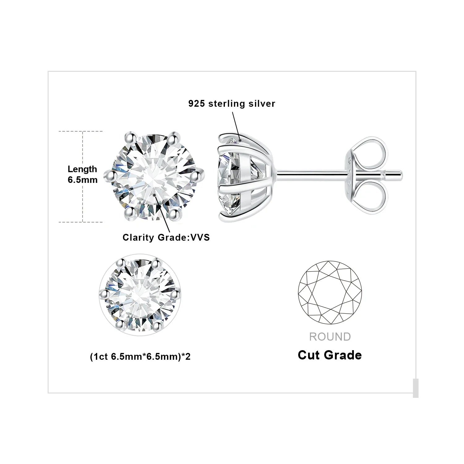 Moissanite D Color Round Solitaire Stud Earrings 0.6-6ct Sterling Silver