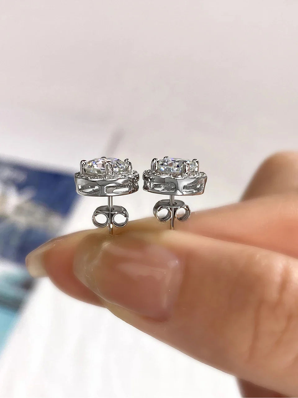 Moissanite Diamond Stud Earrings 925 Sterling Silver Round Halo Wedding Jewelry