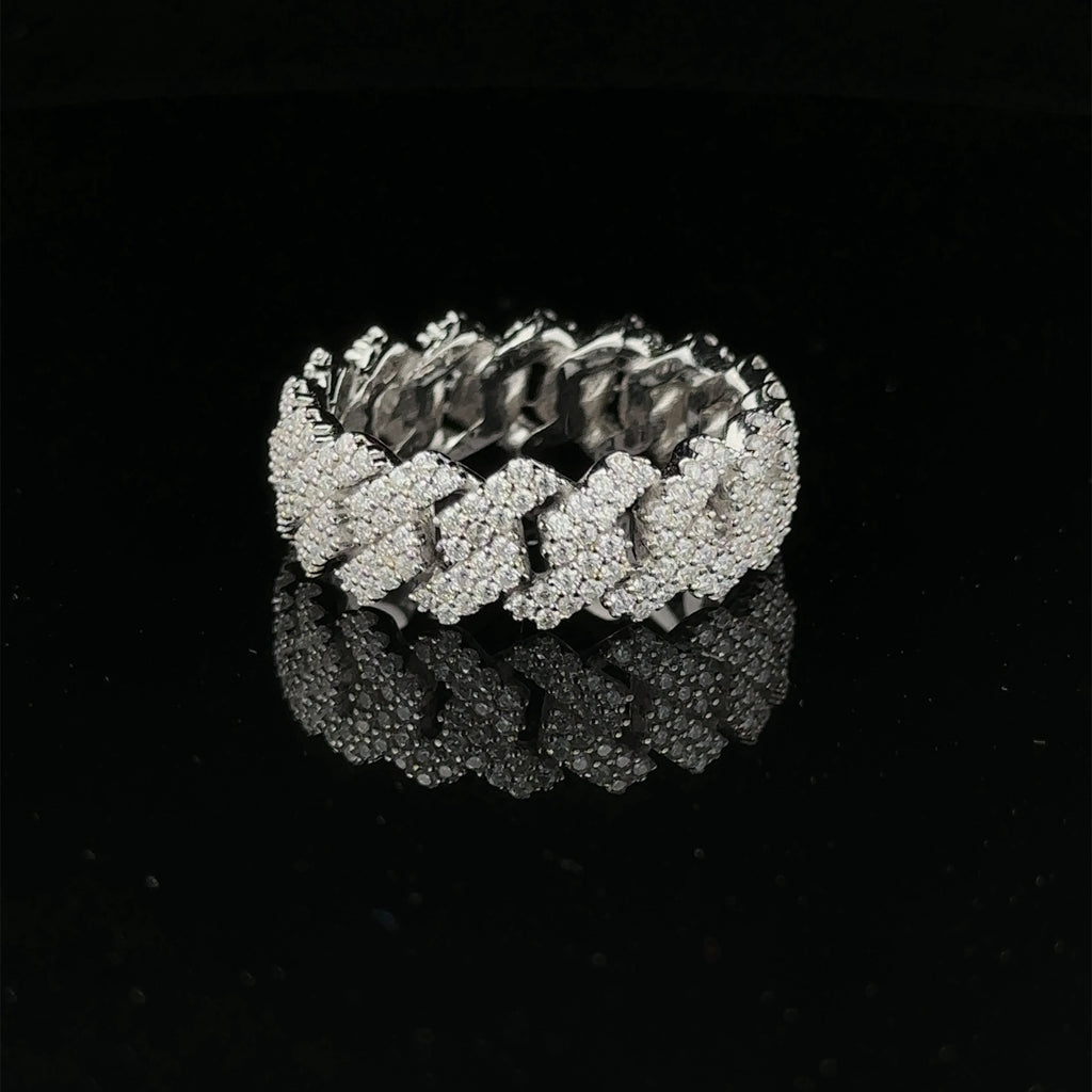 Moissanite Mens Rhodium Iced Out Cuban Link Sterling Ring