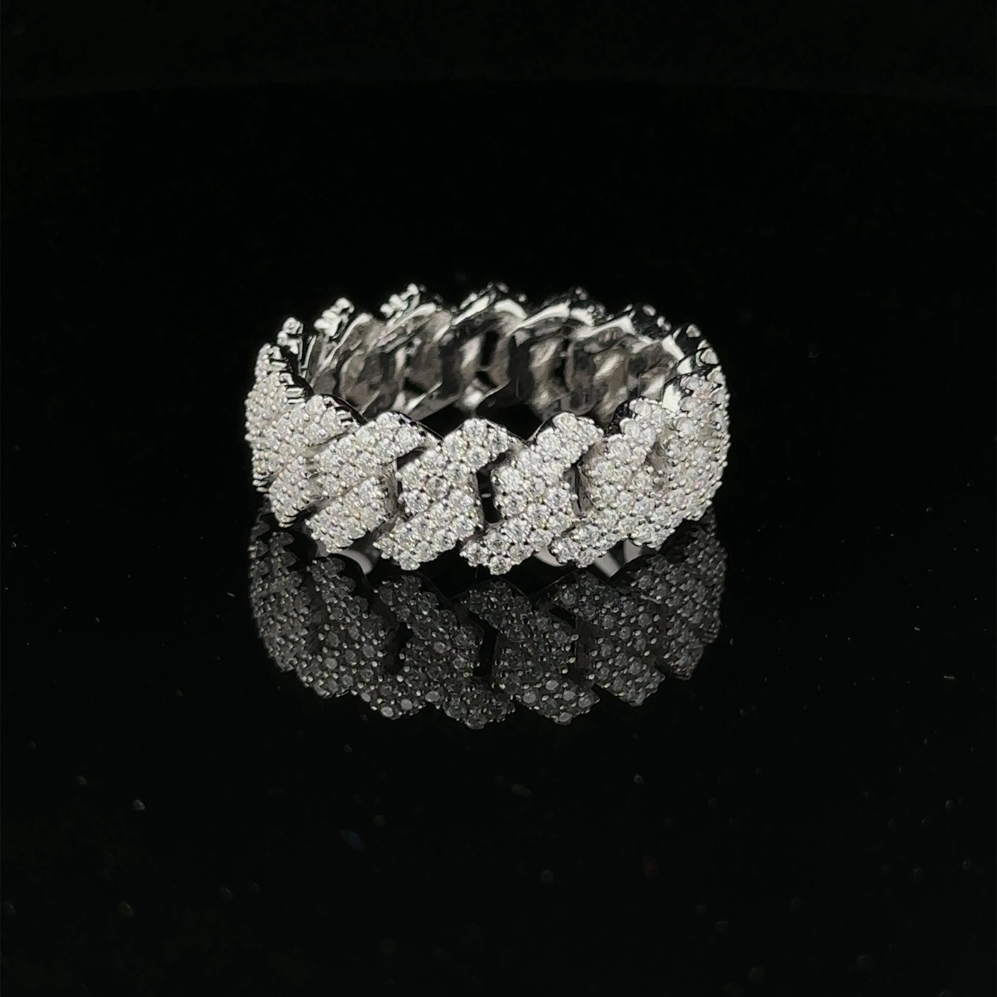 Moissanite Mens Rhodium Iced Out Cuban Link Sterling Ring