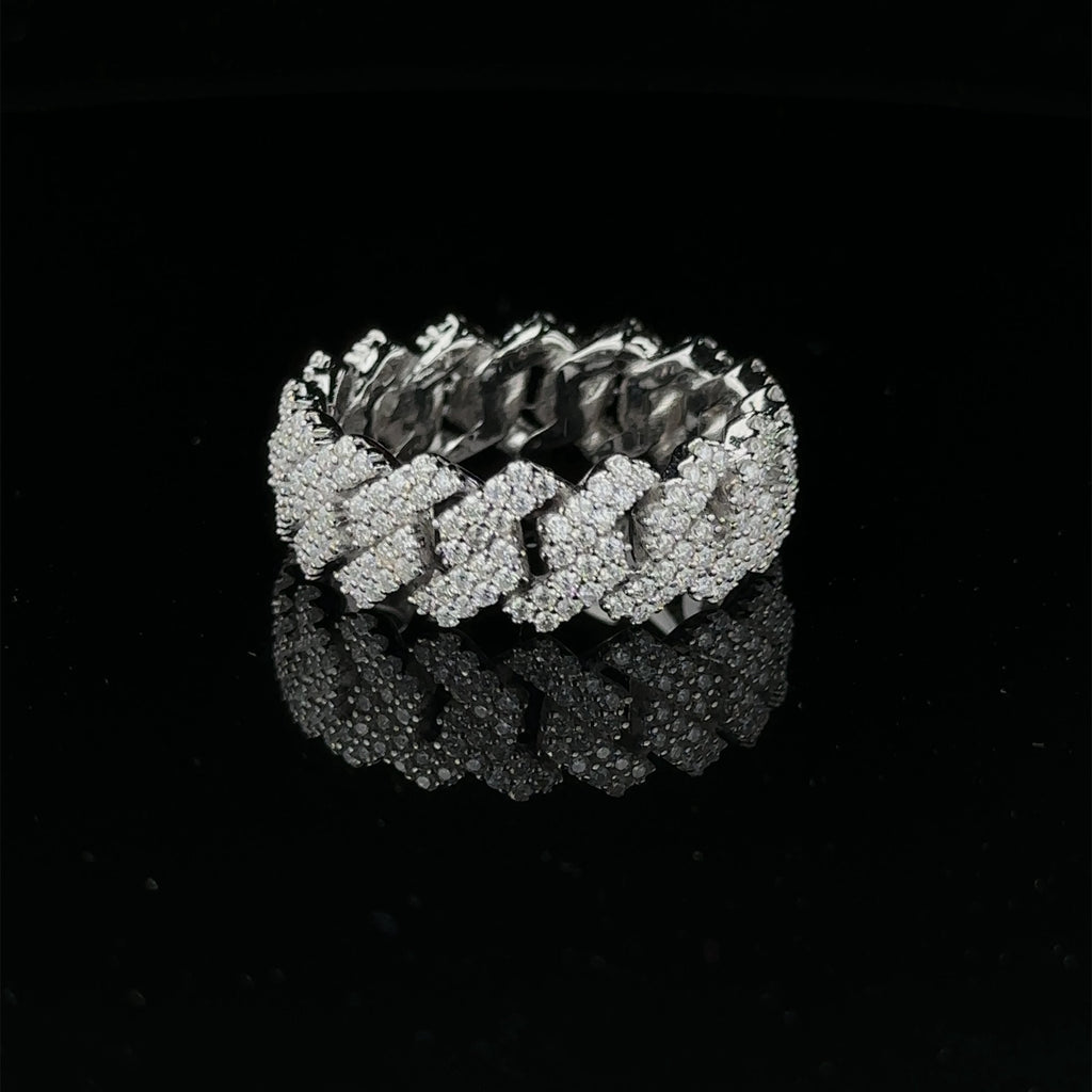 Moissanite Mens Rhodium Iced Out Cuban Link Sterling Ring