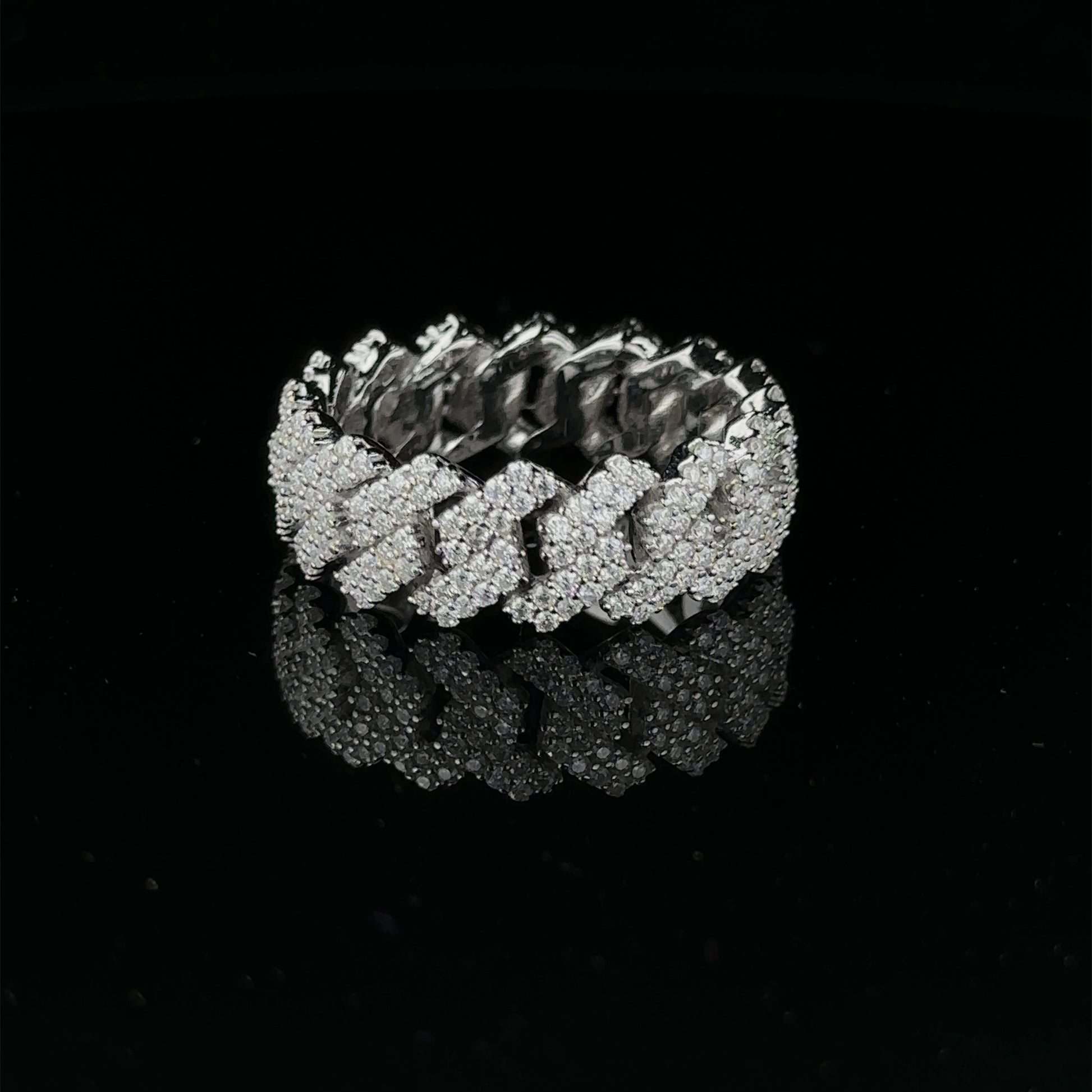 Moissanite Mens Rhodium Iced Out Cuban Link Sterling Ring