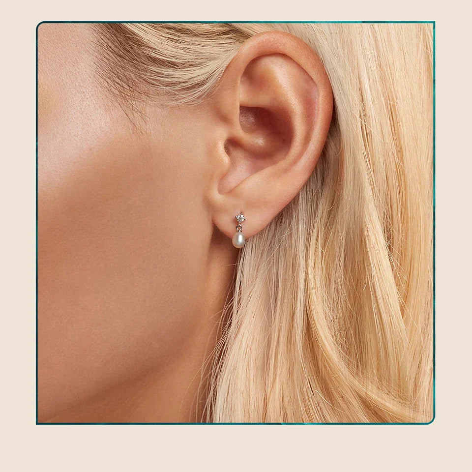 Moissanite Pearl Drop Earrings 925 Sterling Silver 0.1ct Dainty Mom Gift