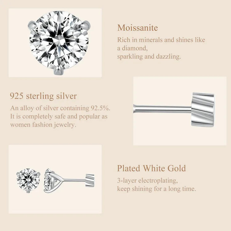 Moissanite 1Ct Round Stud Earrings Screw Back Platinum Plated S925 Minimalist