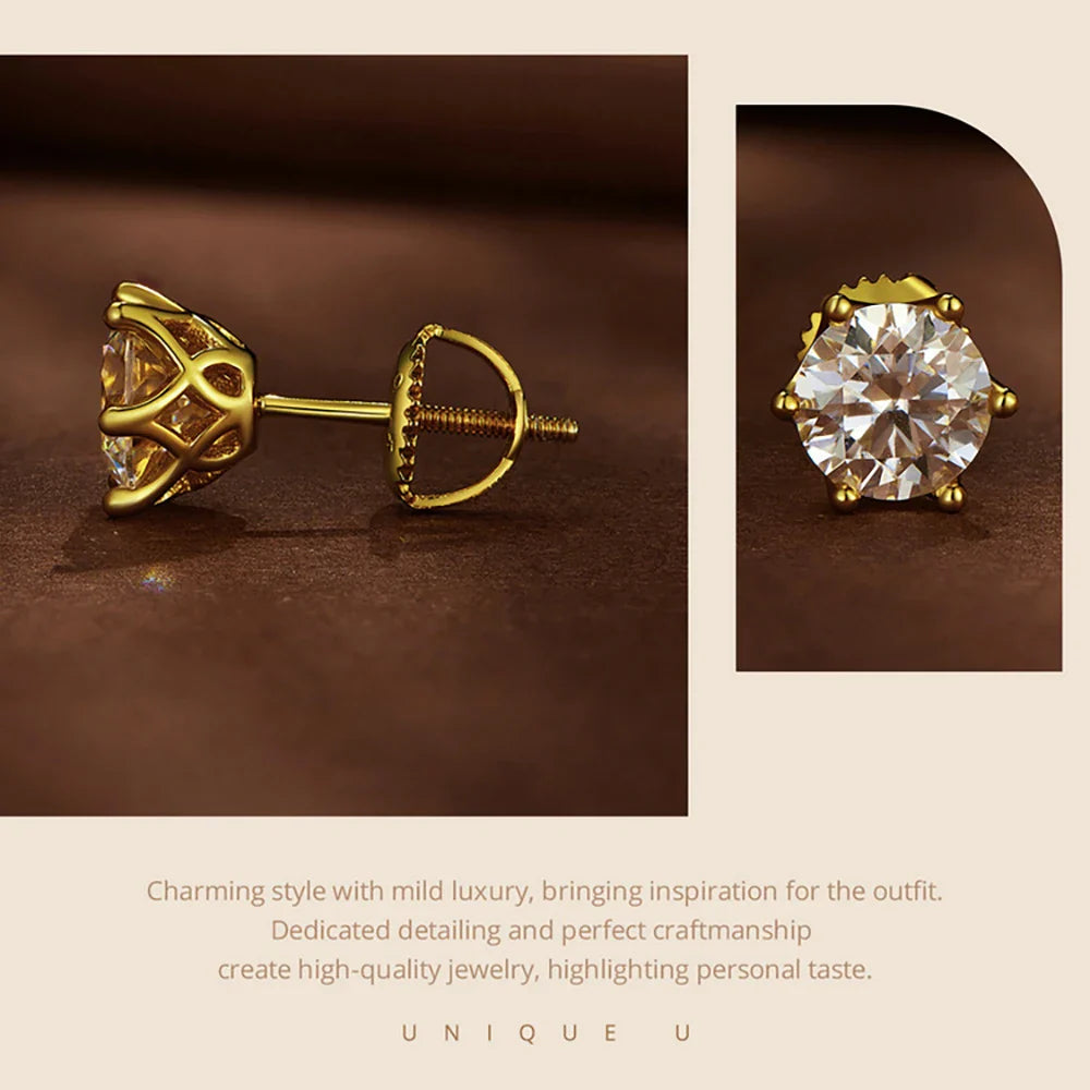 Moissanite Stud Earrings 0.5-2CT Screw Back S925 Sterling Silver 18K Plated