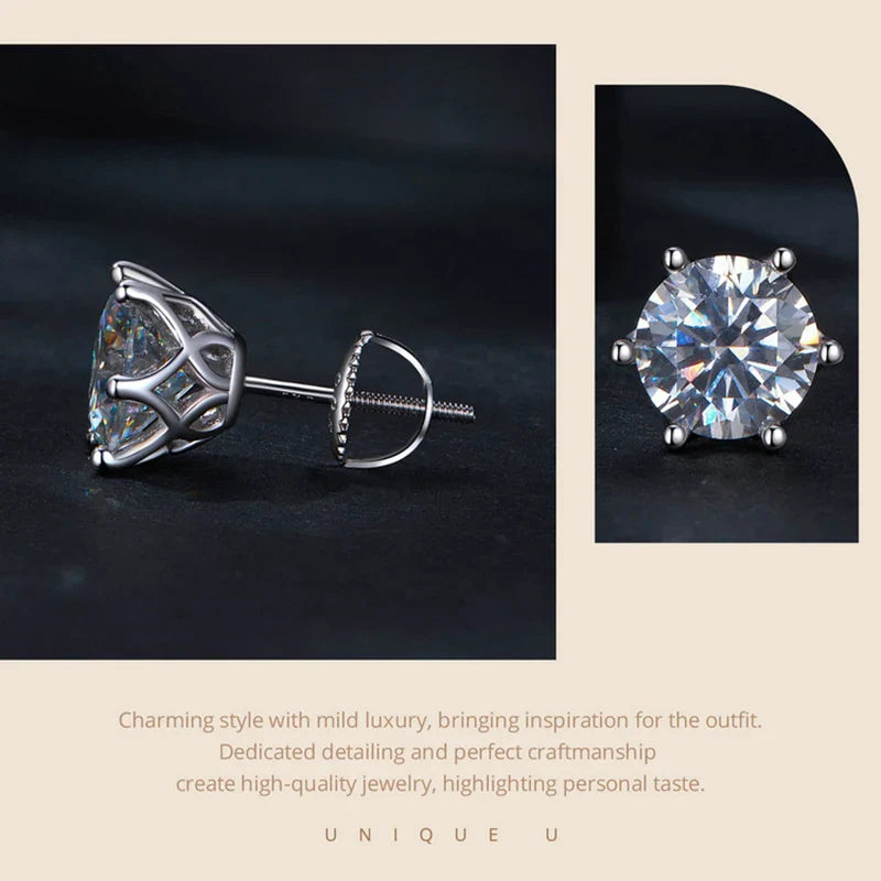 Moissanite Stud Earrings 0.5-2CT Screw Back S925 Sterling Silver 18K Plated