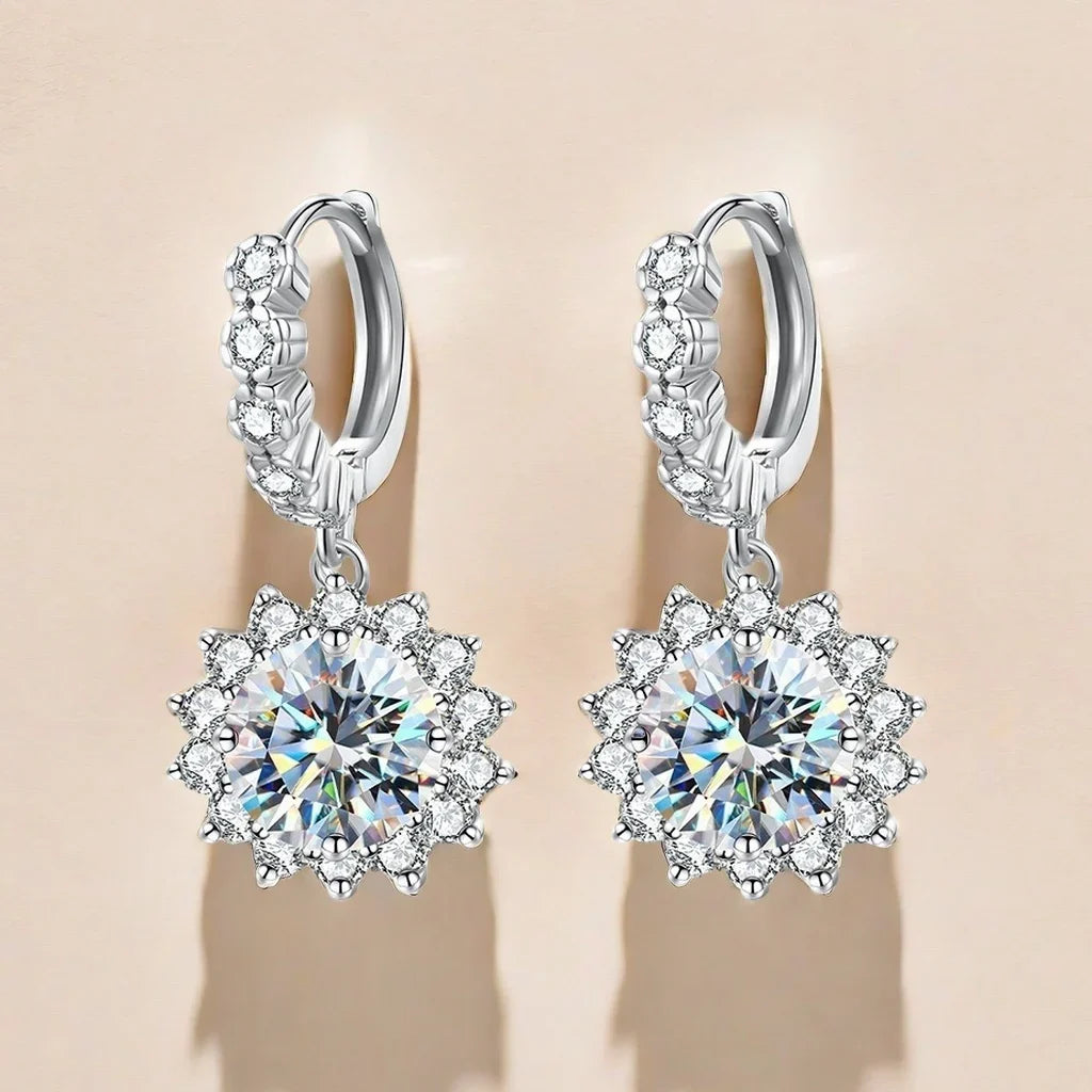 Moissanite Sunflower Drop Earrings 925 Sterling Silver Dainty Wedding Banquet
