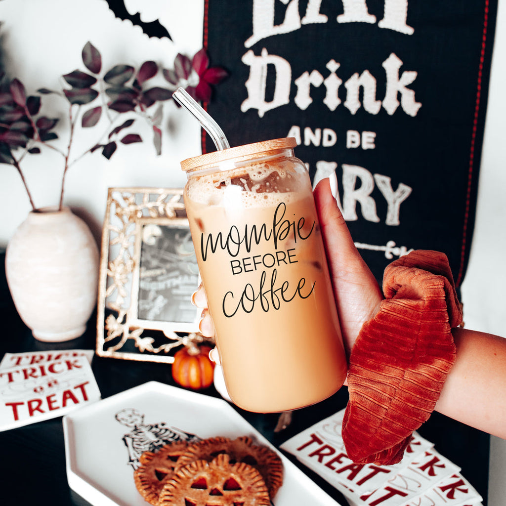 Mombie 20oz Glass Tumbler With Bamboo Lid Stainless Straws Coffee Hocus Pocus I Need Coffee