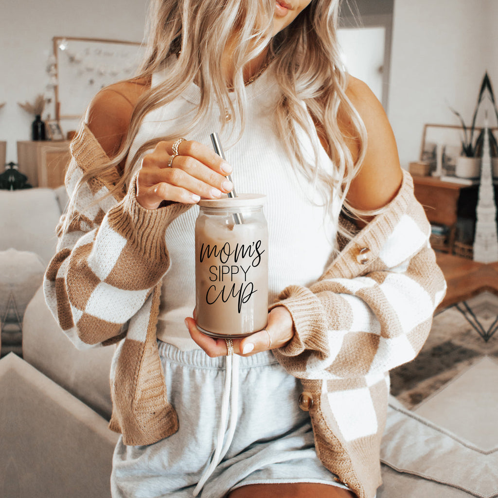 Mom's Sippy 17oz Glass Tumbler With Bamboo Lid 2 Stainless Straws And Cleaner